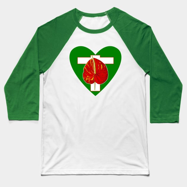 red flower and green heart Baseball T-Shirt by Marccelus